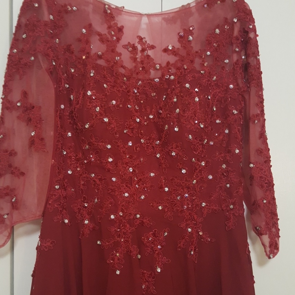 Burgundy formal dress with iridescent crystals